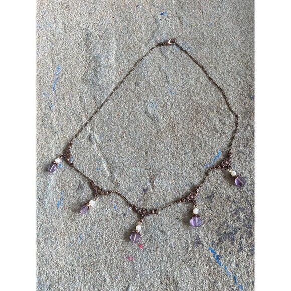 Collar Necklace Romantic Dangle Brass Beaded Brocade Pearl Romantic Purple - Picture 4 of 9